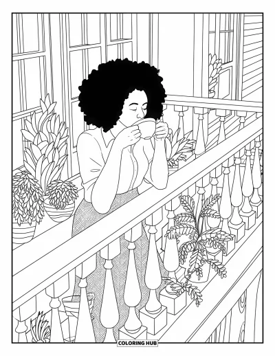 Dibujo de chicas negras con afro para colorear para adultos: Una mujer se relaja tomando té en un tranquilo balcón rodeado de plantas frondosas