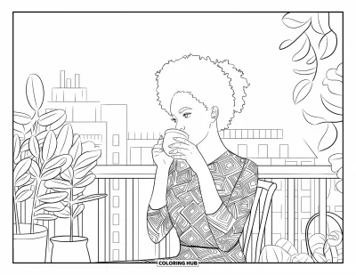 Dibujo de chicas negras con afro para colorear para adultos: Una mujer toma té en un balcón lleno de plantas y vistas de la ciudad