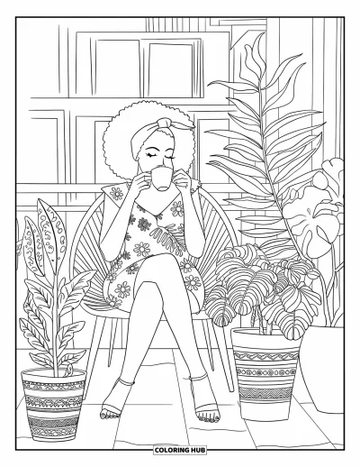 Dibujo de chicas negras con afro para colorear para adultos: Una mujer sentada en un balcón con té, plantas y una vista tranquila de la ciudad