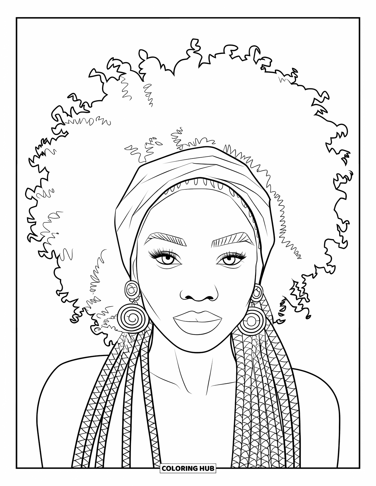 Afro Black Girl Coloring Page for Adults: A woman with cornrows and a headwrap shows calm confidence in profile