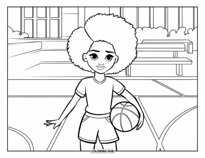 Dibujo de chicas negras con afro para colorear para niños: Una chica fanática del baloncesto está en una cancha con bancas y un edificio escolar