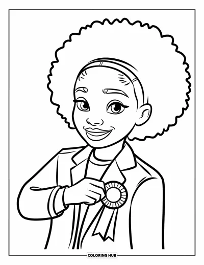 Dibujo de chicas negras con afro para colorear para niños: Una chica alegre prende una cinta en su chaqueta sin fondo