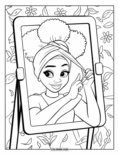 Dibujo de chicas negras con afro para colorear para niños: Una chica alegre se coloca su turbante frente a un espejo con estampado de flores