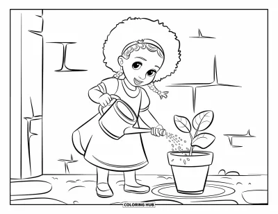 Dibujo de chicas negras con afro para colorear para niños: Una chica alegre riega una planta junto a una pared blanca con grietas