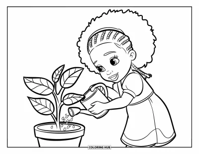 Dibujo de chicas negras con afro para colorear para niños: Una chica alegre riega una planta en maceta con trenzas y una sonrisa