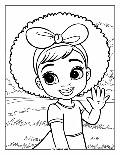 Dibujo de chicas negras con afro para colorear para niños: Una chica alegre con lazo saluda desde un campo de hierba con árboles al fondo