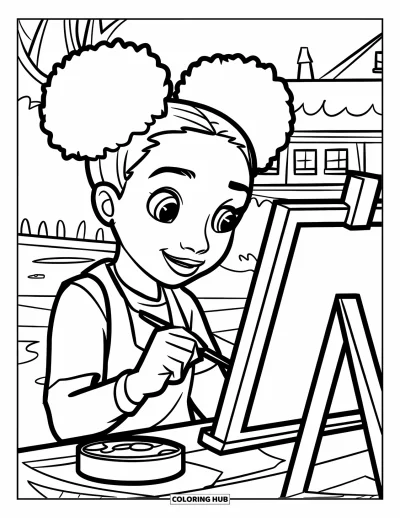 Dibujo de chicas negras con afro para colorear para niños: Una pintora alegre trabaja en su caballete con árboles y un edificio cercanos