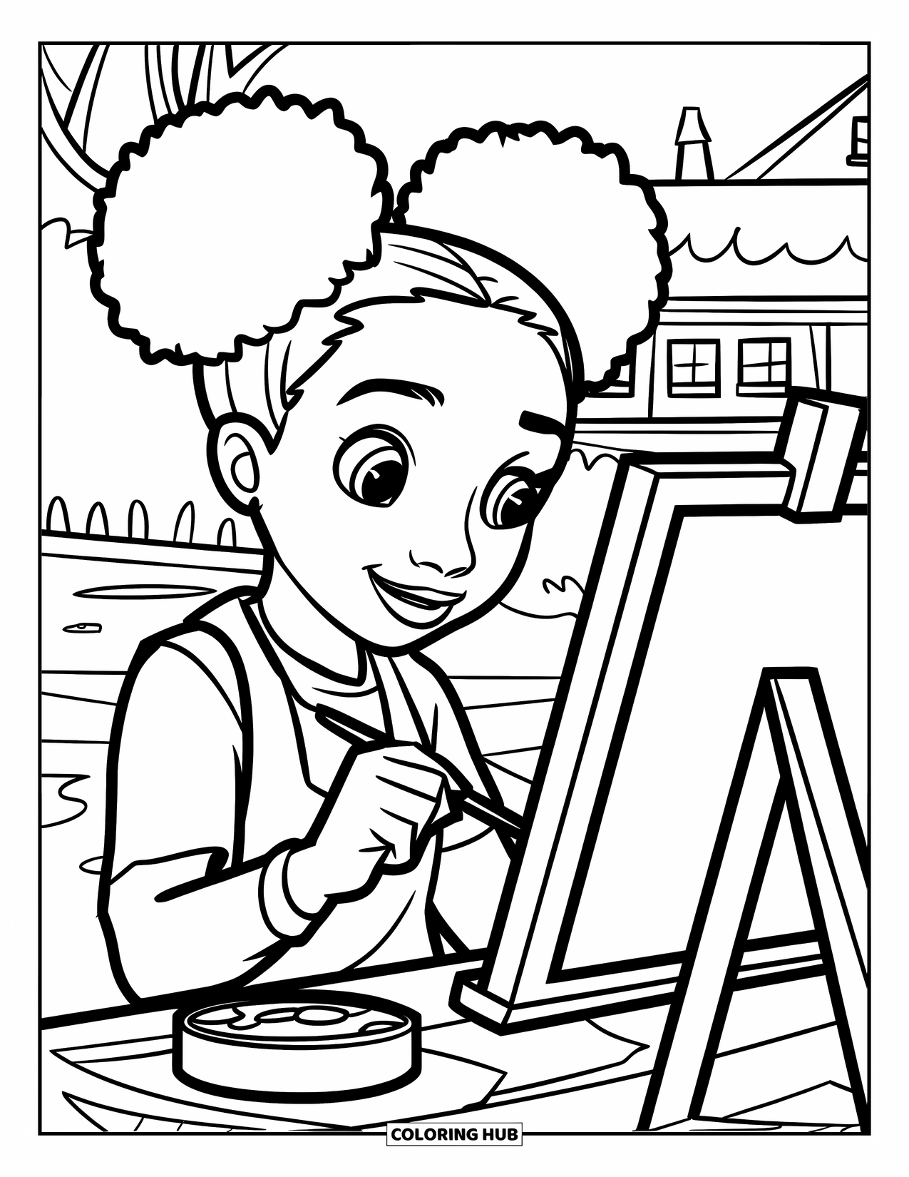 Afro Black Girl Coloring Page for Kids: A cheerful painter works on her easel with trees and a building nearby