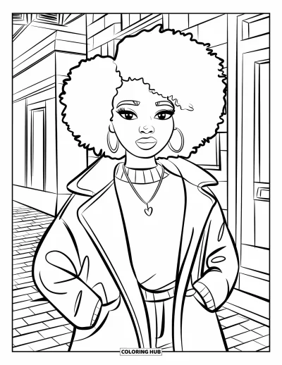 Dibujo de chicas negras con afro para colorear para niños: Una chica segura de sí misma con suéter y abrigo está en una acera de ladrillo