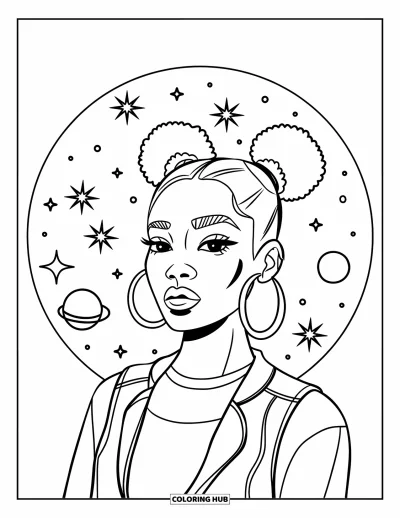 Dibujo de chicas negras con afro para colorear para niños: Una chica segura con chaleco posa rodeada de estrellas y planetas