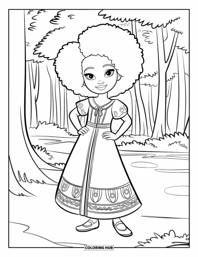 Dibujo de chicas negras con afro para colorear para niños: Una chica confiada está de pie con un vestido vistoso y un bosque de fondo