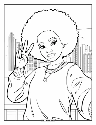 Dibujo de chicas negras con afro para colorear para niños: Una chica adolescente segura se hace una selfie con señal de paz y el horizonte de la ciudad