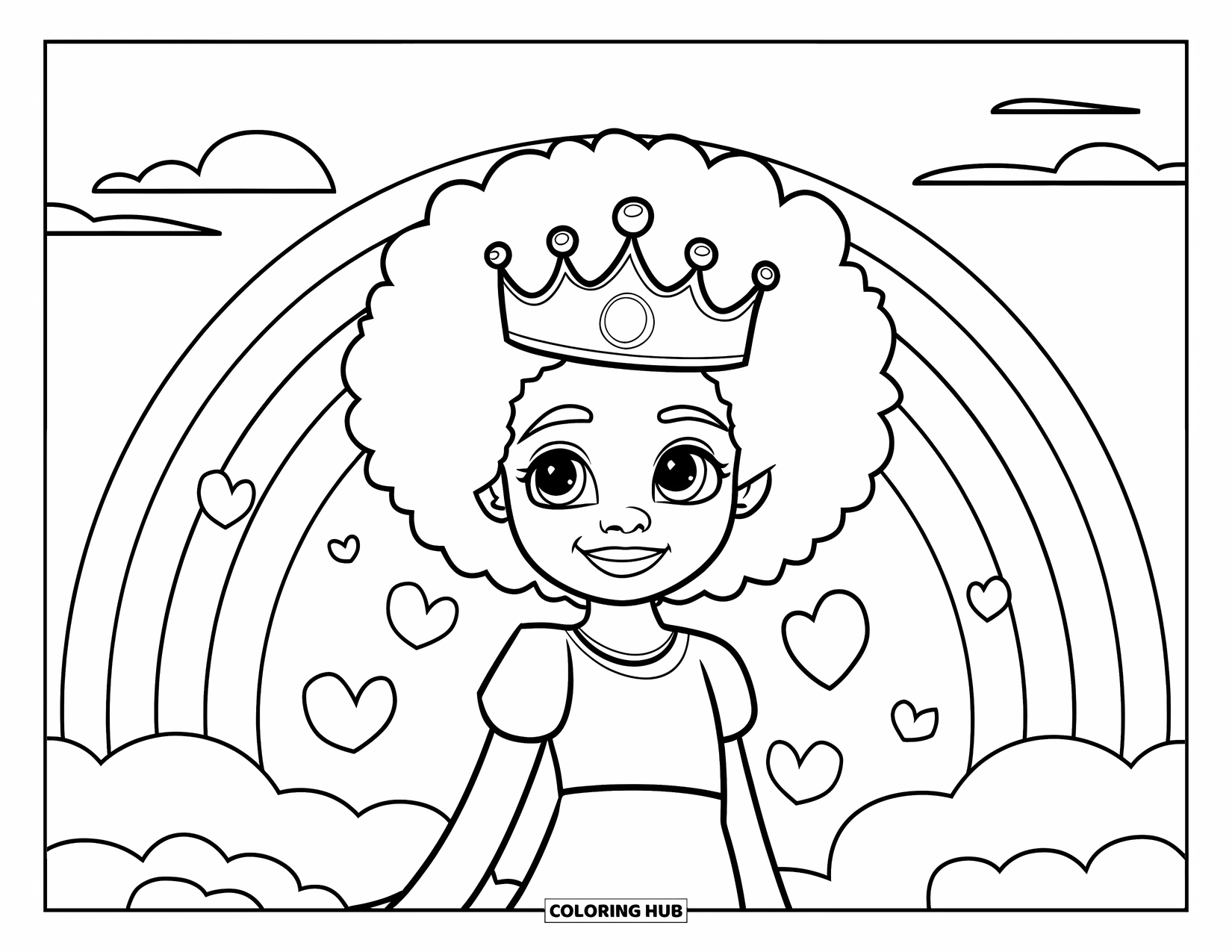 Afro Black Girl Coloring Page for Kids: A crowned girl stands on a cloud with hearts and a rainbow behind her