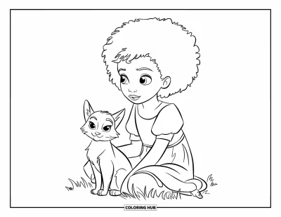 Dibujo de chicas negras con afro para colorear para niños: Una chica curiosa con vestido amarillo está sentada en el pasto con un gato blanco y negro