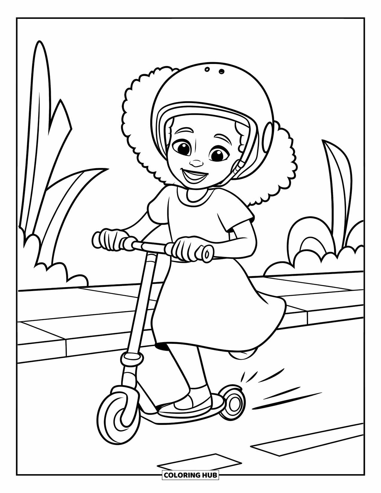 Afro Black Girl Coloring Page for Kids: A curly-haired girl rides her scooter along a street with green plants