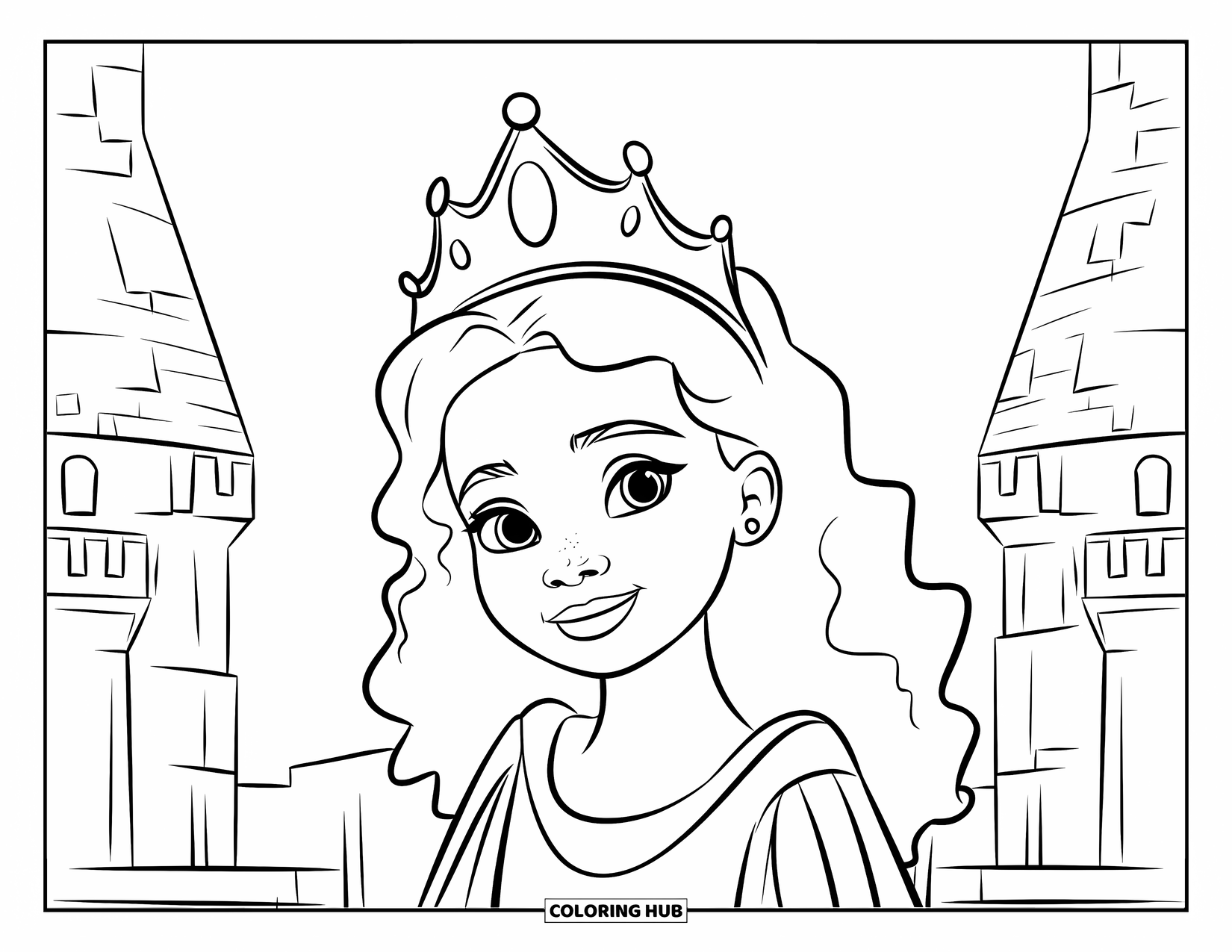 Afro Black Girl Coloring Page for Kids: A curly-haired girl with a crown stands before a castle with tall towers