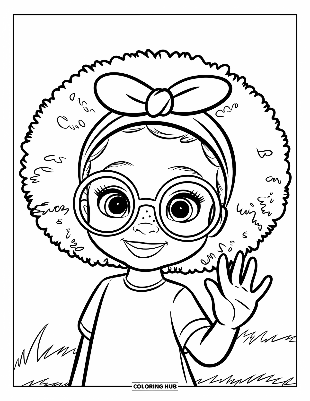 Afro Black Girl Coloring Page for Kids: A cute girl with glasses and a bow waves on a white field
