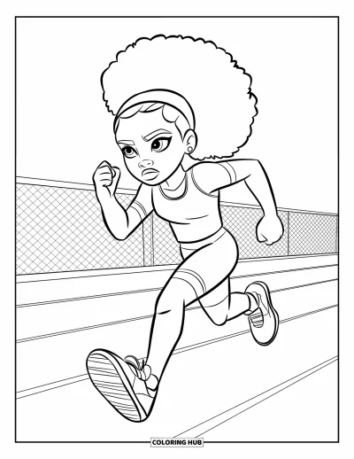 Dibujo de chicas negras con afro para colorear para niños: Una corredora decidida con cola de caballo corre en una pista deportiva