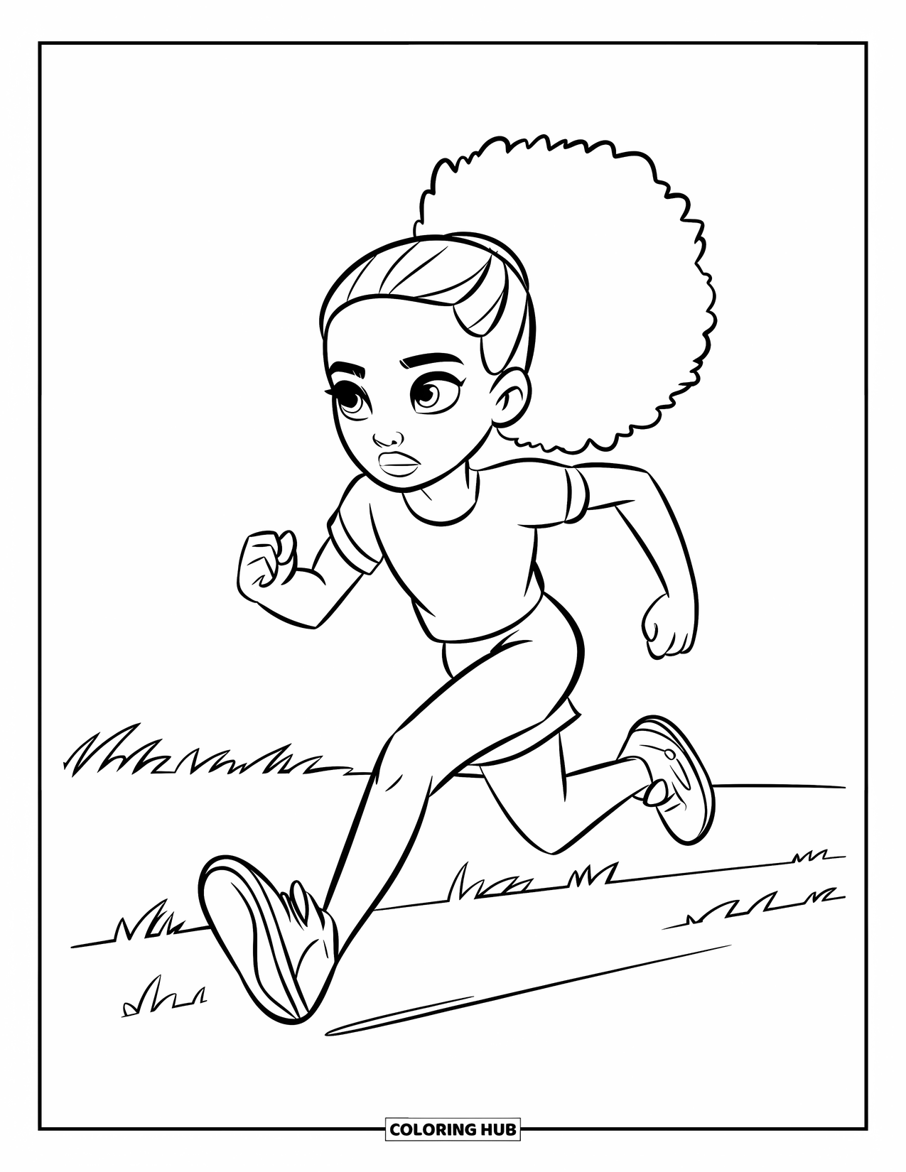 Afro Black Girl Coloring Page for Kids: A focused girl in sneakers runs across a grassy field