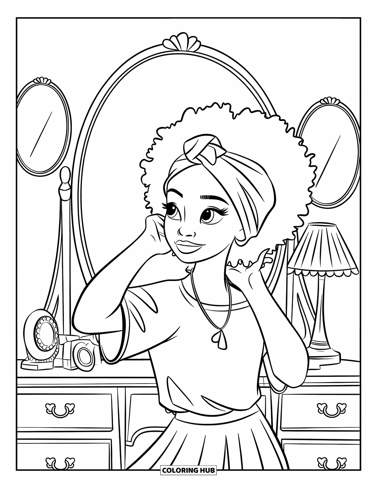 Afro Black Girl Coloring Page for Kids: A girl in a skirt adjusts her headwrap at a mirror with room decor