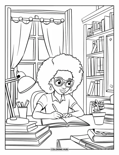 Dibujo de chicas negras con afro para colorear para niños: Una chica con gafas escribe en su diario en un escritorio lleno de cosas en su habitación acogedora
