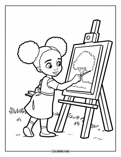 Dibujo de chicas negras con afro para colorear para niños: Una chica con moños pinta un árbol en su caballete en un campo abierto