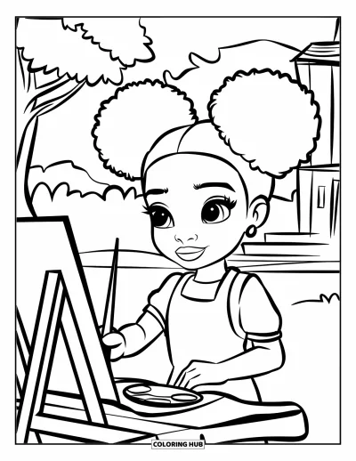 Dibujo de chicas negras con afro para colorear para niños: Una chica con moños pinta en su caballete cerca de árboles y un edificio