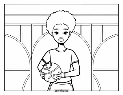 Dibujo de chicas negras con afro para colorear para niños: Una chica de cabello corto sostiene un balón de baloncesto en una cancha tranquila