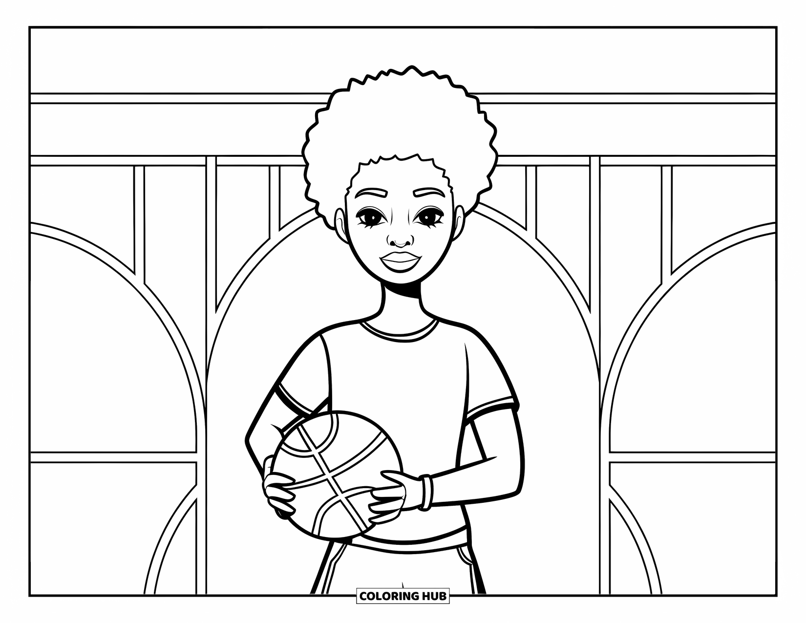 Afro Black Girl Coloring Page for Kids: A girl with short hair holds a basketball on a quiet court