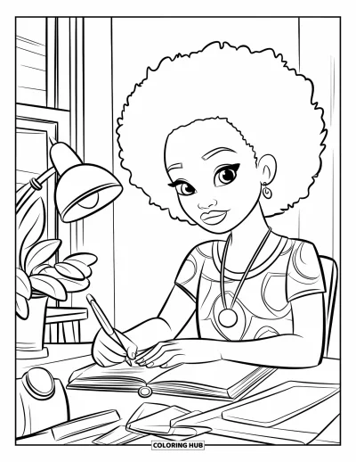 Dibujo de chicas negras con afro para colorear para niños: Una chica escribe en su diario junto a una ventana acogedora con plantas y una lámpara