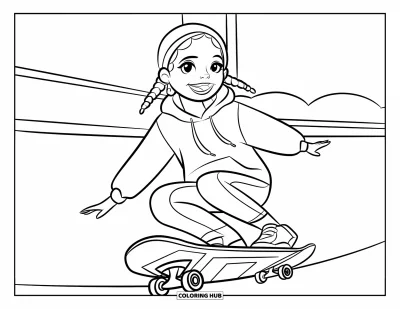 Dibujo de chicas negras con afro para colorear para niños: Una chica alegre con trenzas patina feliz en un espacio blanco