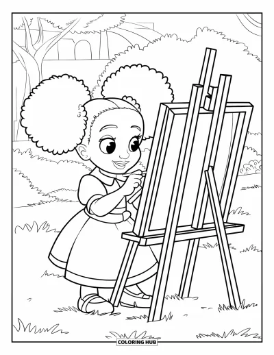 Dibujo de chicas negras con afro para colorear para niños: Una chica feliz con vestido pinta al aire libre en un campo soleado