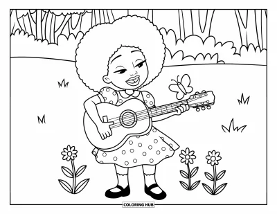 Dibujo de chicas negras con afro para colorear para niños: Una chica feliz con lunares canta tocando su guitarra en un campo de hierba