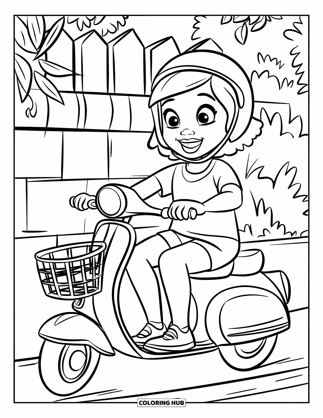 Afro Black Girl Coloring Page for Kids: A happy girl on a scooter rides past plants and a wooden fence