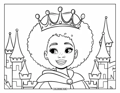 Dibujo de chicas negras con afro para colorear para niños: Una chica feliz con manto real sonríe frente a un castillo