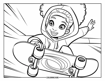 Dibujo de chicas negras con afro para colorear para niños: Una chica con rizos monta su patineta en el aire con sudadera puesta
