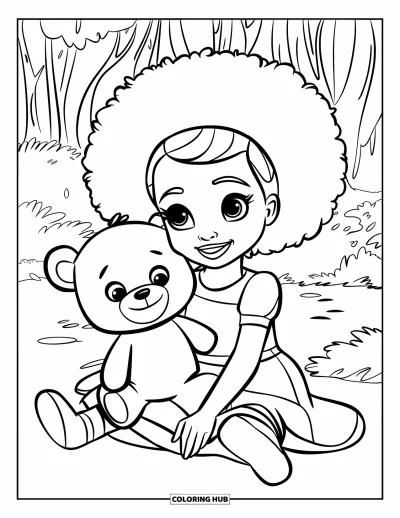 Dibujo de chicas negras con afro para colorear para niños: Una chica alegre está sentada con un osito de peluche en un claro del bosque