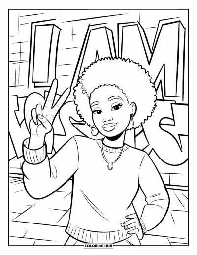 Dibujo de chicas negras con afro para colorear para niños: Una chica hace una selfie con señal de paz frente a una pared con la inscripción "I AM"