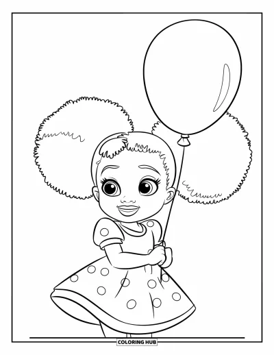 Dibujo de chicas negras con afro para colorear para niños: Una chica con vestido de lunares sostiene un globo con una sonrisa radiante