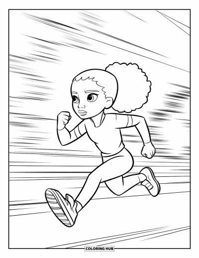 Dibujo de chicas negras con afro para colorear para niños: Una chica con cola de caballo corre veloz entre árboles y edificios