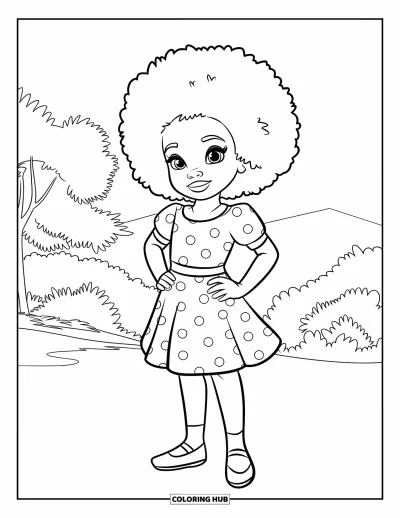 Dibujo de chicas negras con afro para colorear para niños: Una chica orgullosa con vestido de lunares está de pie en un campo con árboles y montañas