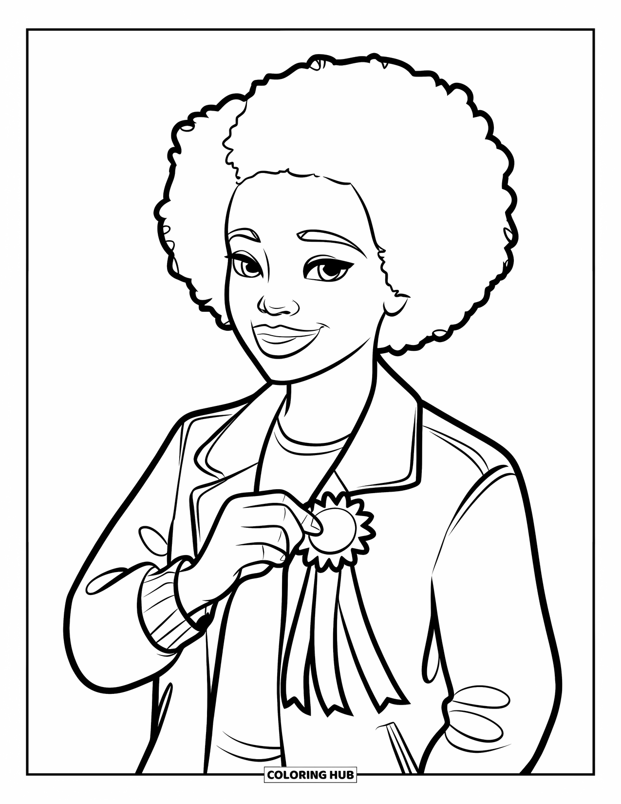 Afro Black Girl Coloring Page for Kids: A proud girl pins a ribbon to her jacket with a smile