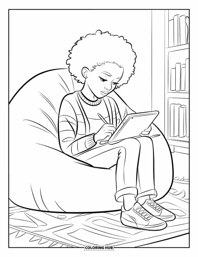 Dibujo de chicas negras con afro para colorear para niños: Una chica relajada dibuja en una tableta en una habitación con alfombra y estantería