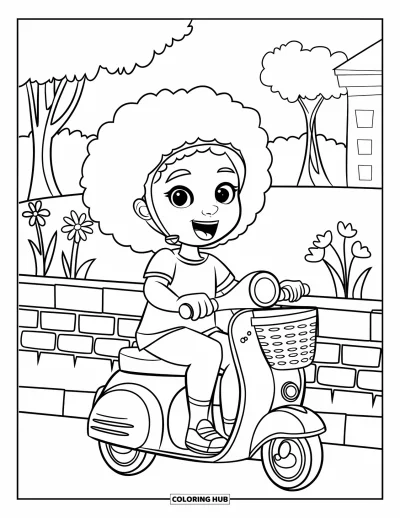 Dibujo de chicas negras con afro para colorear para niños: Una chica en patinete pasa junto a una pared de ladrillo con flores y árboles