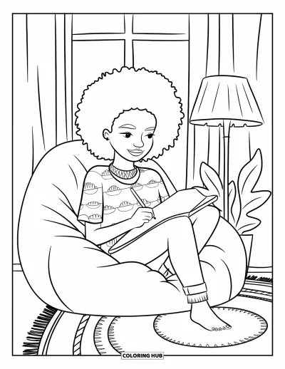 Dibujo de chicas negras con afro para colorear para niños: Una chica sonriente dibuja sentada en una habitación cálida y acogedora
