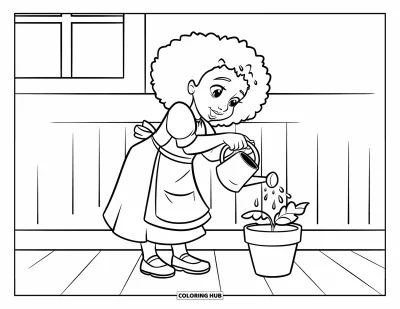 Dibujo de chicas negras con afro para colorear para niños: Una chica sonriente riega una planta en maceta junto a una ventana en suelo de madera