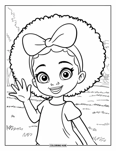 Dibujo de chicas negras con afro para colorear para niños: Una chica sonriente de ojos grandes y lazo saluda desde un campo con una casa al fondo