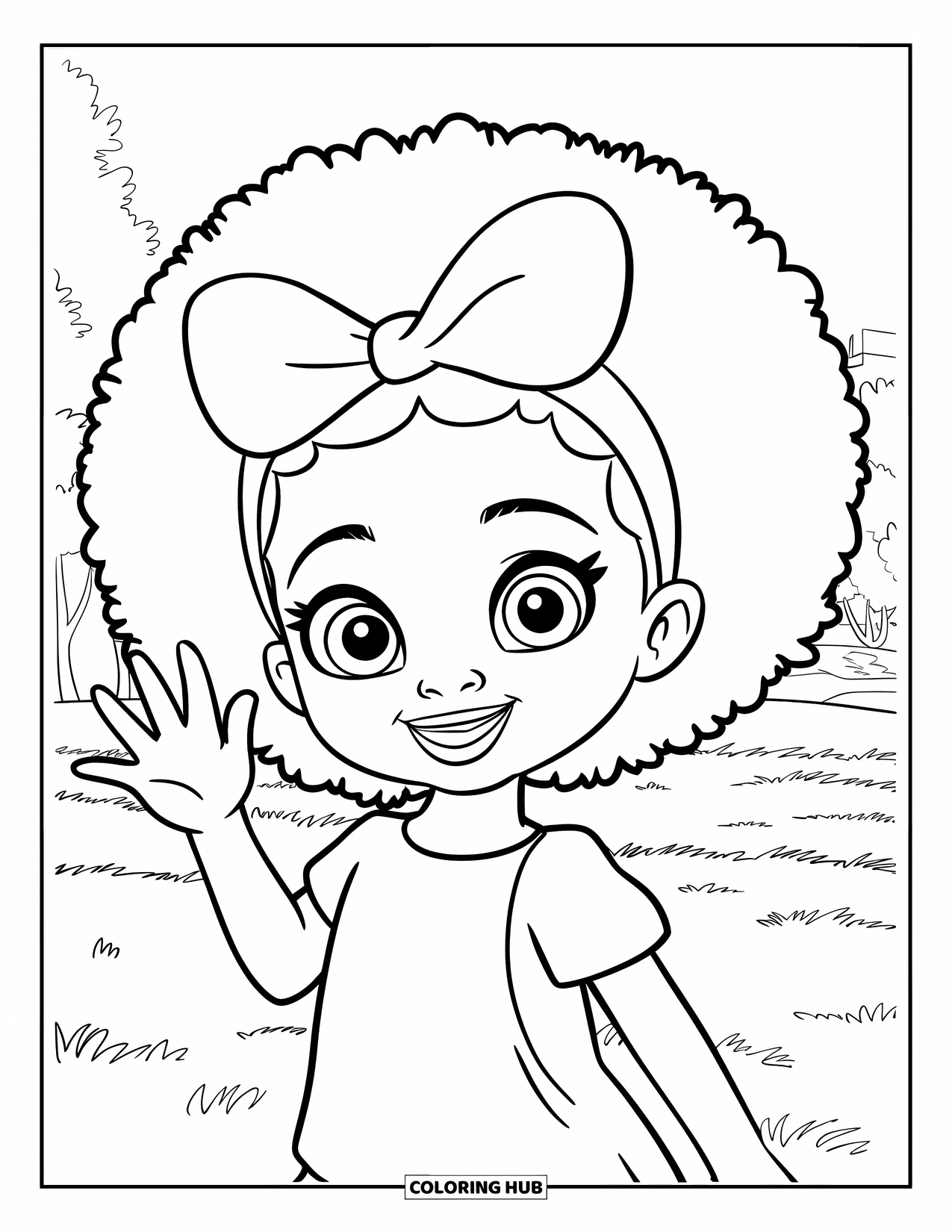 Afro Black Girl Coloring Page for Kids: A smiling girl with big eyes and a bow waves from a field and distant house