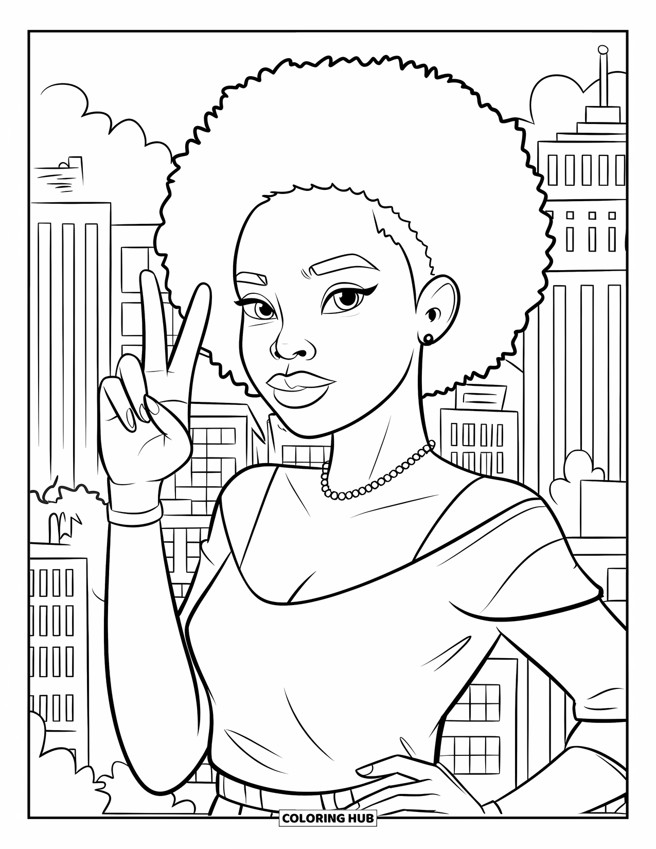 Afro Black Girl Coloring Page for Kids: A smiling teen girl makes a peace sign selfie in front of tall buildings