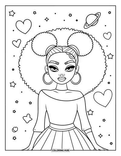 Dibujo de chicas negras con afro para colorear para niños: Una chica elegante está bajo estrellas, corazones y planetas flotantes